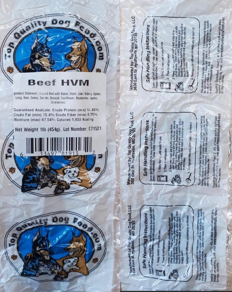 Top Quality Dog Food Recalls Batch Of “Beef HVM” 1-Pound Packages with Lot Number 071521, Because of Possible Salmonella, Listeria Monocytogenes Health Risk